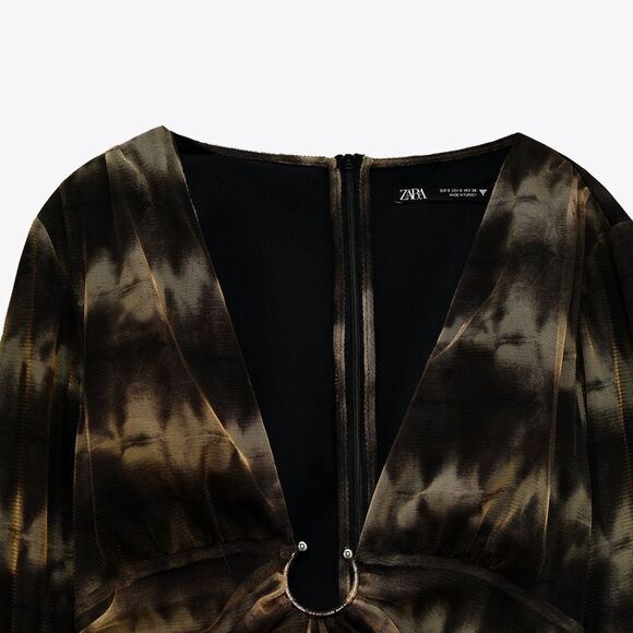 Zara Brown black long sleeve V-neck tulle mini dress Sz L NWT - Picture 3 of 15